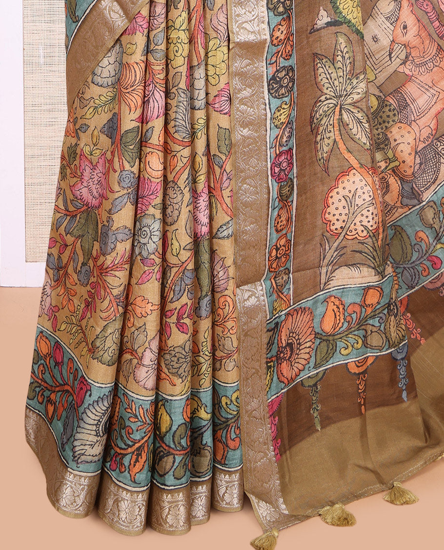 Sandal Kalamkari Printed Fancy Tussar Saree