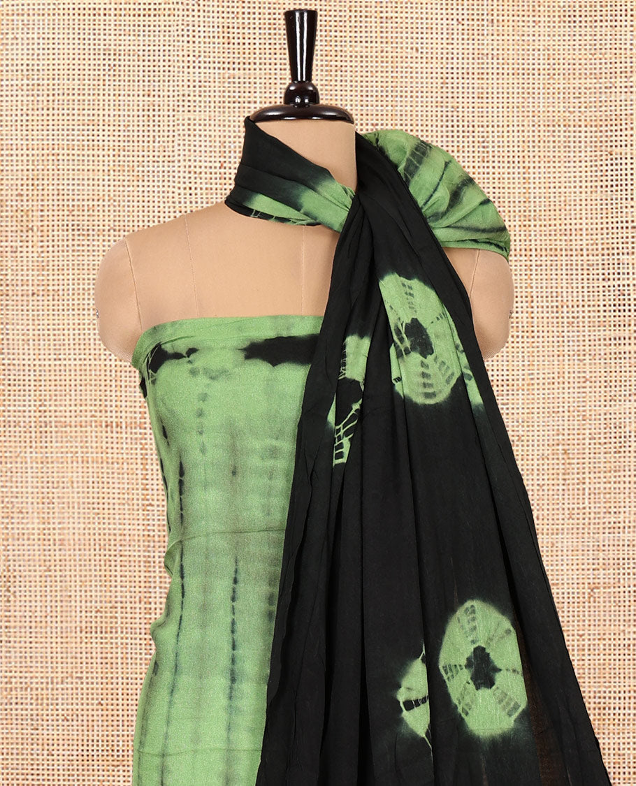 Black and Green Material Chudidar Set , Elevated with Shibori Printed Viscose Georgette Top, a Contrast Plain Bottom, Paired with Shibori Printed Dupatta