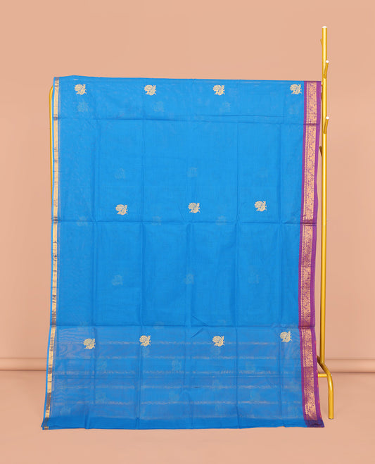 Blue Venkatagiri Cotton Saree, Adorned with Peacock Buttas, a Contrast Traditional Zari Border, Pallu of Stripes and Buttas, and No Blouse
