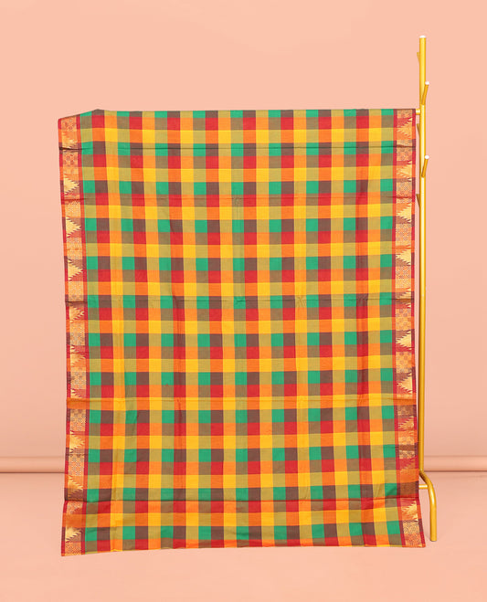 Multi-Color Chettinad Cotton Saree, Delicately Woven with Checks, Highlighted by Temple Border, Striped Pallu, and No Blouse