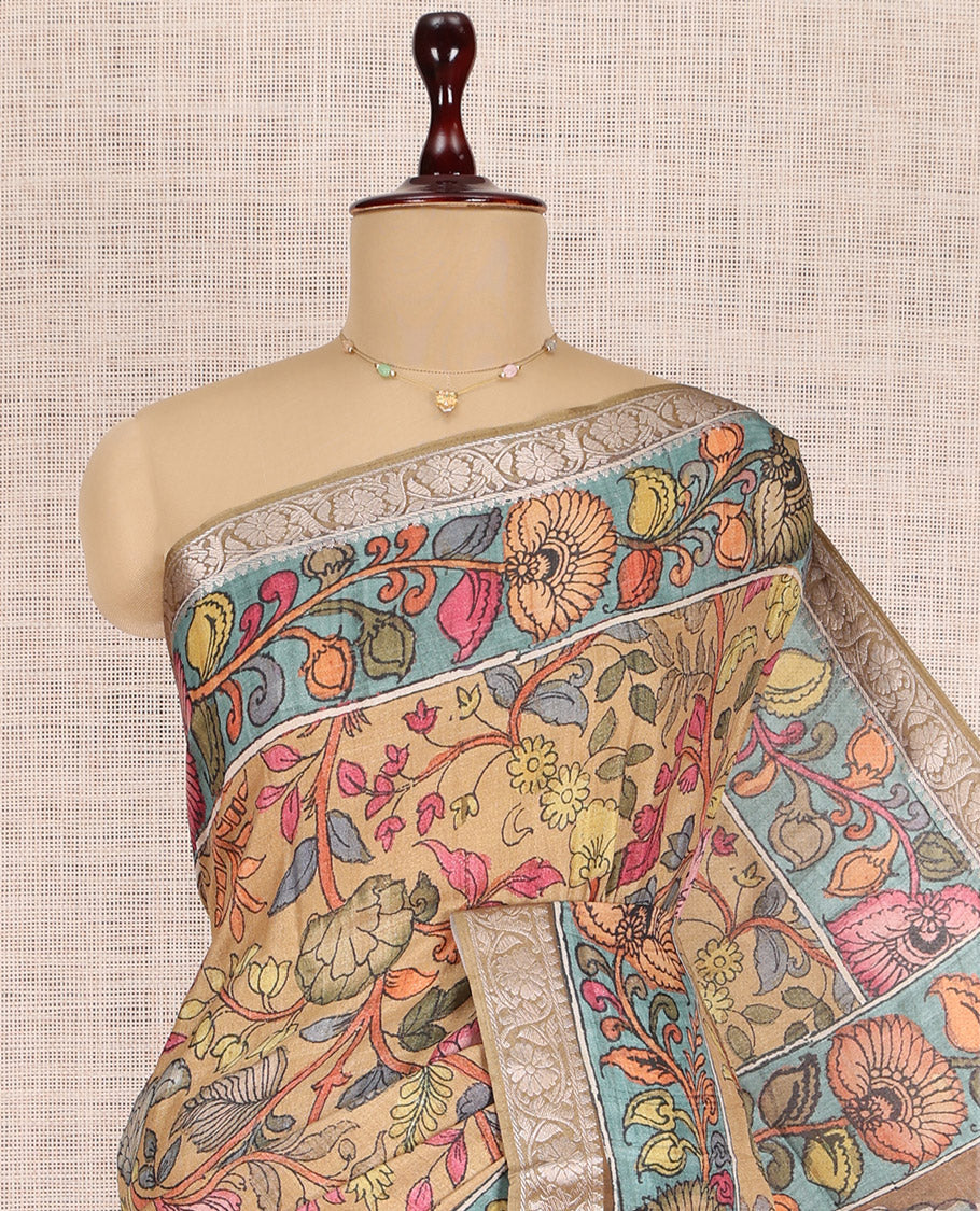 Sandal Kalamkari Printed Fancy Tussar Saree