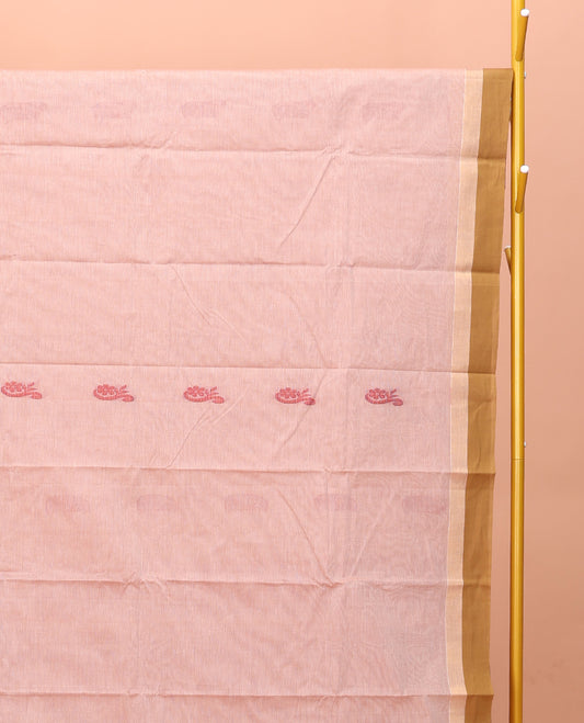 Sandal Kanchi Cotton Saree, Woven with Buttas on Its Body, Complemented by Contrast Border, Pallu of Paisleys, and a Matching Blouse