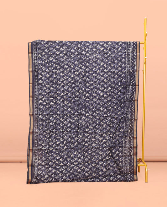 Blue Kanchi Cotton Saree, Decked Up with Floral Print All Over Its Body, a Subtle Self-Border, Pallu of Block Printed Geometric Designs, and Paired with a Contrast Blouse