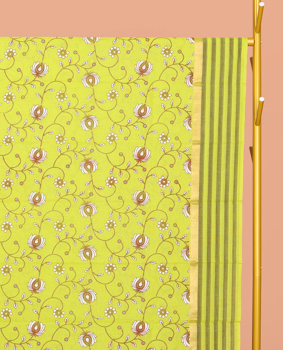 Green Chirala Cotton Saree, Accentuated with Floral Vine Print, Striped Border, Printed Pallu, and a Matching Blouse