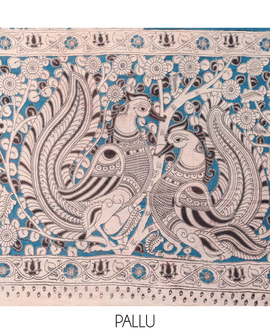 Blue Kalamkari Cotton Saree, Accentuated with Ancient Human Motif Print, Complemented By Printed Border, Kalamkari Peacock Motifs Pallu, and a Contrast Blouse