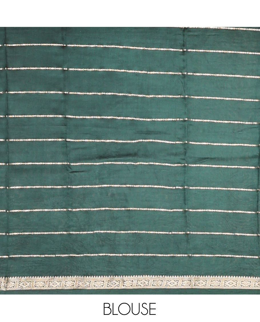 Green Assam Silk Saree, Elegantly Framed with Zari Stripes, Complemented by Contrast Traditional Zari Border, Striped Pallu, and a Contrast Blouse