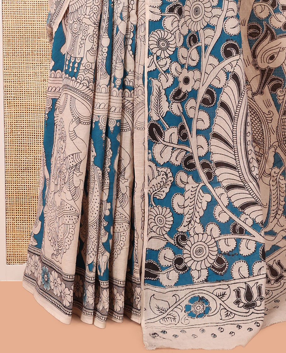 Blue Kalamkari Cotton Saree, Accentuated with Ancient Human Motif Print, Complemented By Printed Border, Kalamkari Peacock Motifs Pallu, and a Contrast Blouse