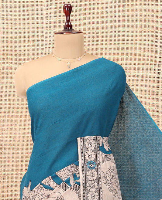 Blue Kalamkari Cotton Saree, Accentuated with Ancient Human Motif Print, Complemented By Printed Border, Kalamkari Peacock Motifs Pallu, and a Contrast Blouse