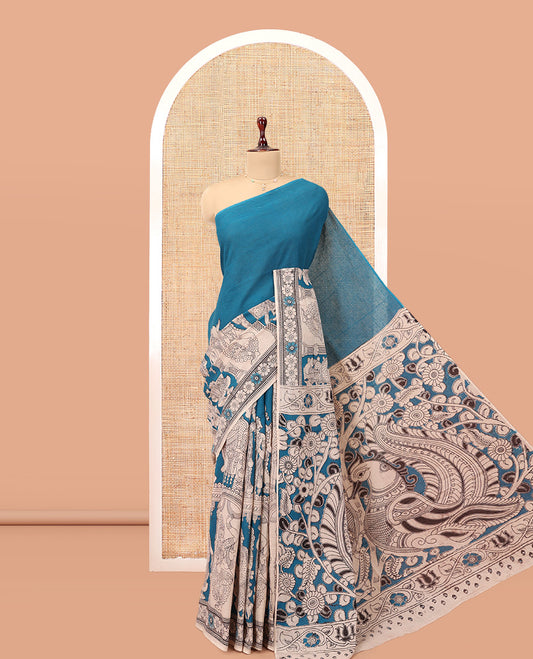 Blue Kalamkari Cotton Saree, Accentuated with Ancient Human Motif Print, Complemented By Printed Border, Kalamkari Peacock Motifs Pallu, and a Contrast Blouse