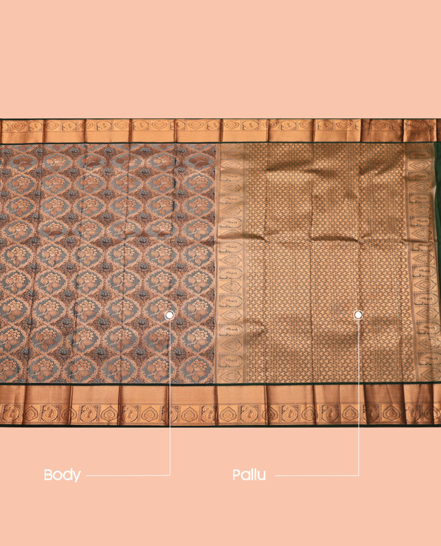 Grey Budget Silk Saree, Highlighted with Jacquard, Complemented by Contrast Traditional Zari Border, Intricate Pallu, and a Contrast Blouse