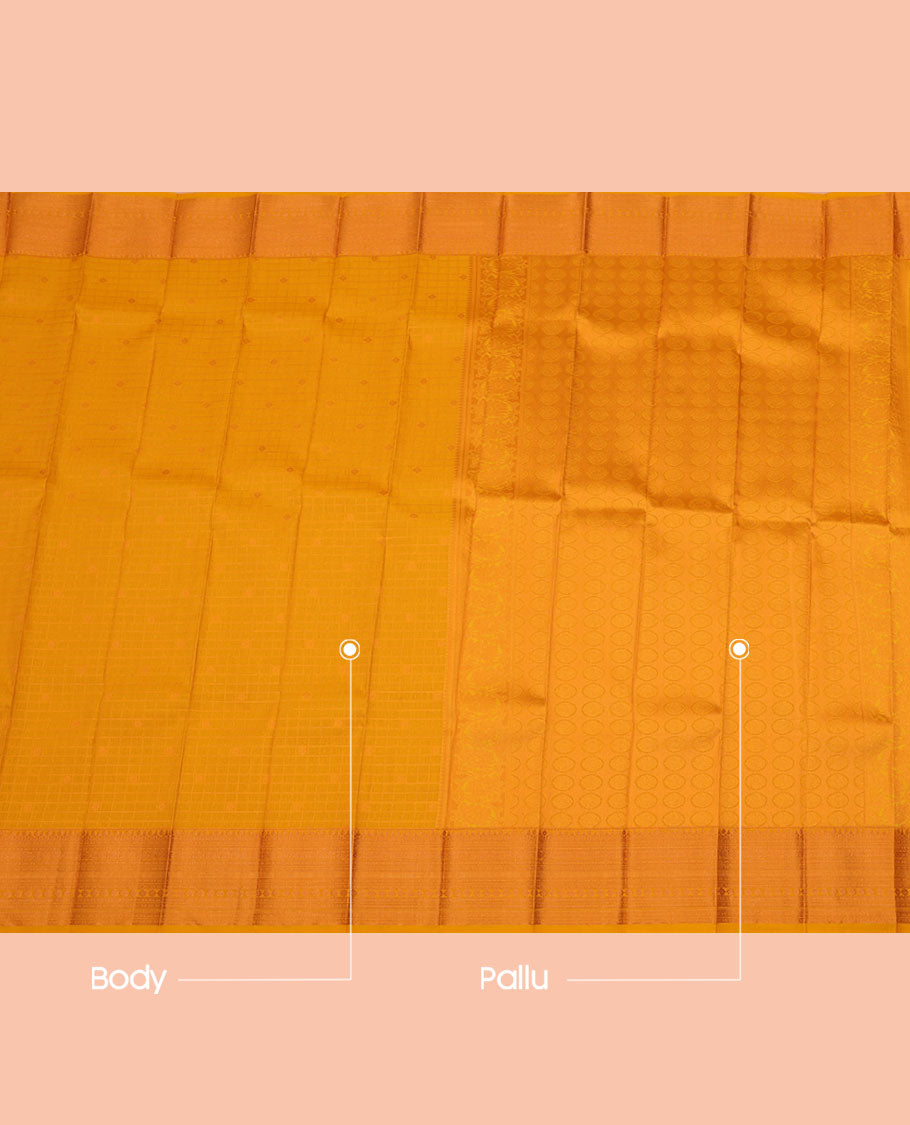 Yellow Budget Silk Saree, Sparsely Woven with Zari Buttas and Checks All Over Its Body, Highlighted by a Traditional Zari Design Border, Sparsely Woven Pallu, and Paired with a Matching Blouse
