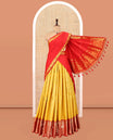 Yellow Art Silk Material Half Saree, Sparsely Sparkled with Jacquard Skirt, a Contrast Traditional Zari Border, Contrast Blouse, and an Intricate Dhavani