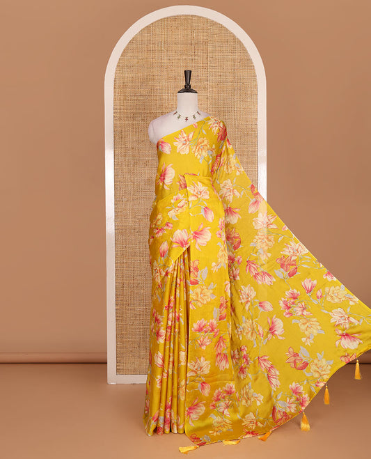 Borderless yellow lily style floral motifs digital printed nara chiffon saree, contrast plain blouse
