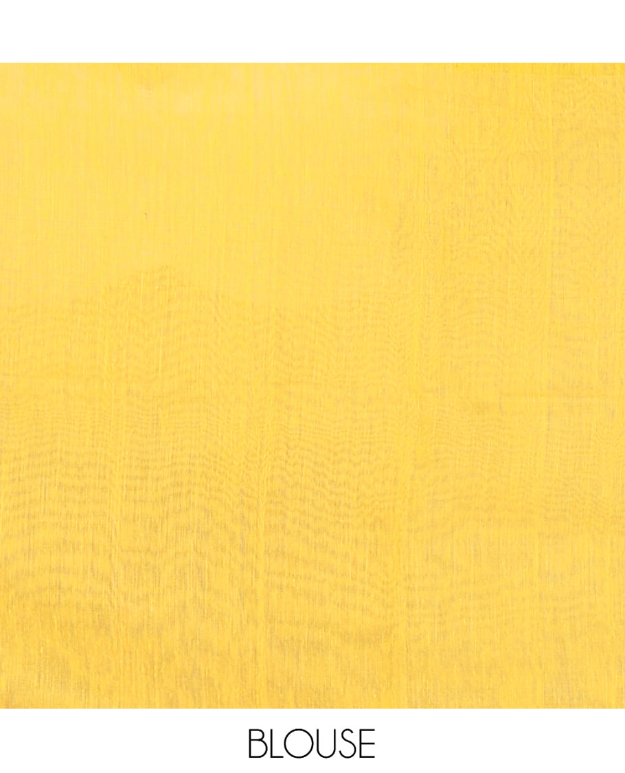 Cream-Yellow Khadi Cotton Saree, Subtly Woven with Buttas, Contrast Sequins Striped Blouse, Contrast Blouse