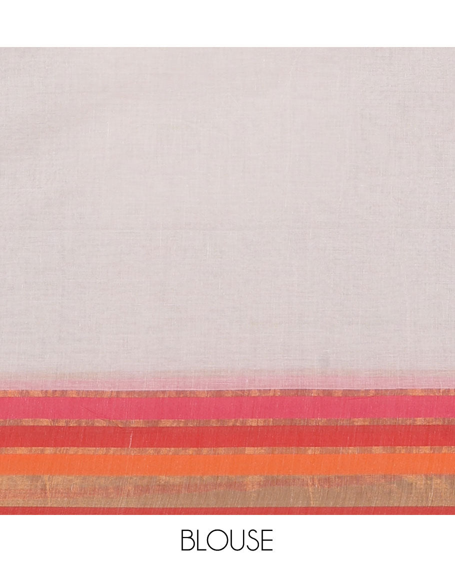 Cream Plain Khadi Mul Cotton Saree, Complemented by Contrast Zari Border, a Self-Pallu, and No Blouse