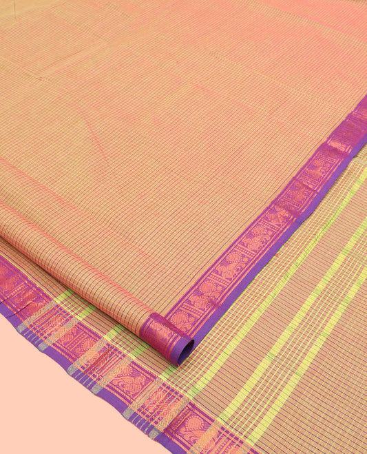 Orange Checked Nine Yard Cotton Saree, Complemented by Contrast Peacock Design Border, Pallu of Stripes, and Comes Without a Blouse