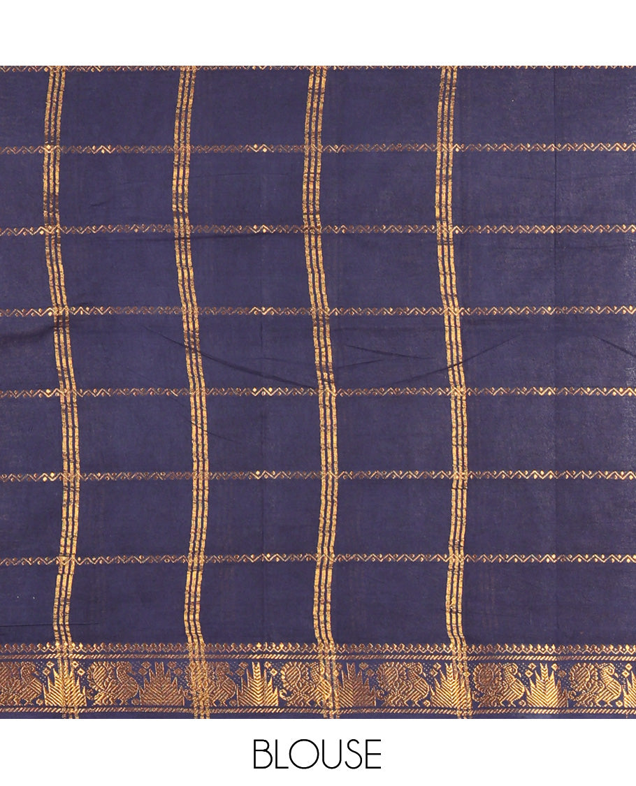 Navy Blue Plain Sungudi Cotton Saree, Highlighted by Traditional Rettai Pettu Rudraksham Border, Striped Pallu, and a Matching Blouse