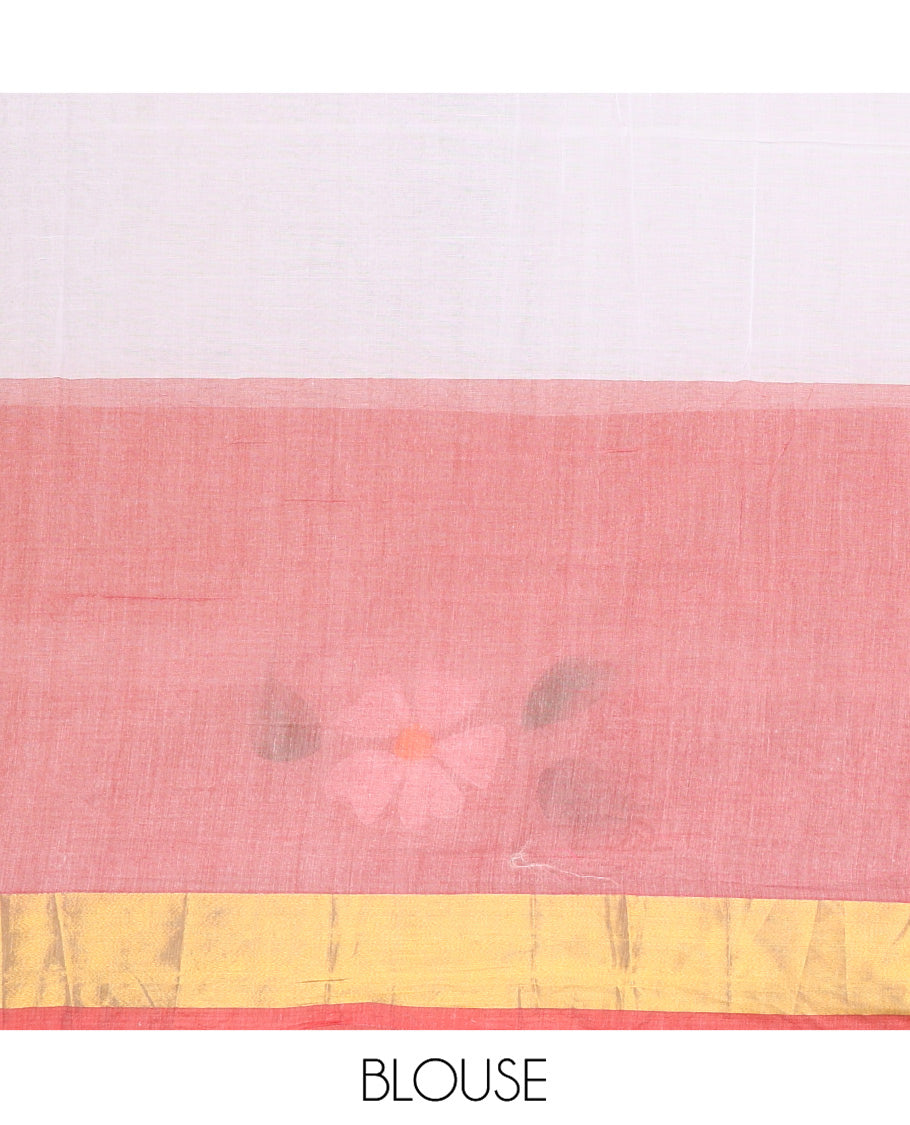 White and Peach  Khadi Mul Cotton Saree, Adorned with Hand-Brush Painting-Style Floral Block Printed Body, a Subtle Gold Zari Border, a Self-Pallu, and Paired with a Matching Blouse