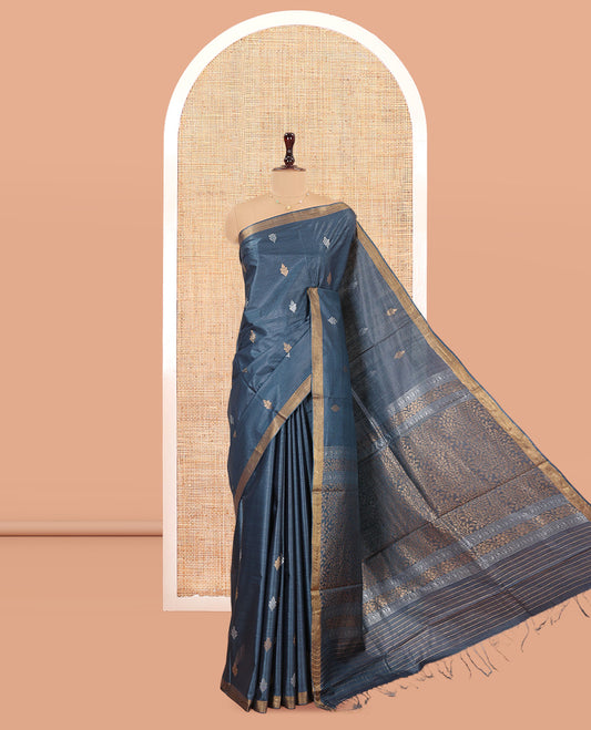 Blue-Grey Tussar Saree, Woven with Buttas, a Piping Border, Floral Vine-Woven Pallu, and a Matching Blouse