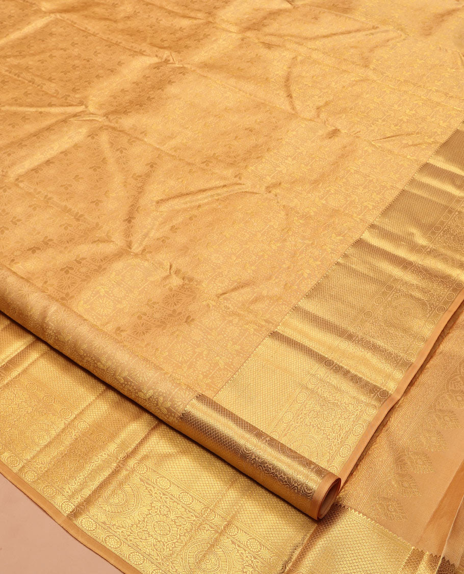 Gold Jacquard Kanchipuram Wedding Silk Saree, Highlighted by a Zari Border of Rekku, Muthu, Mayil Kann, and Chakram, Grand Jaal Pallu, and Matching Blouse