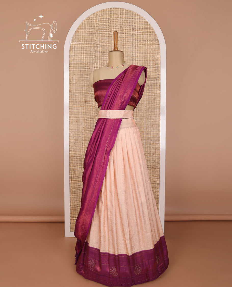Baby pink banaras half saree with contrast floral buttas border, plain blouse & striped dhavani