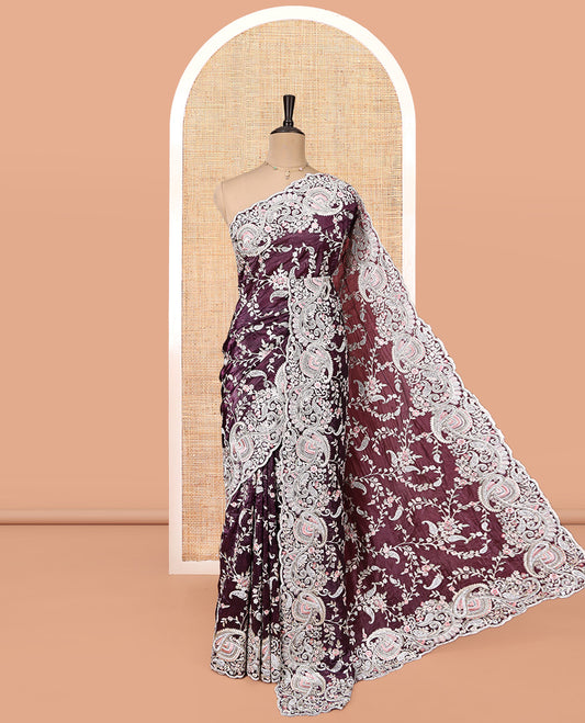 Purple Designer Saree, Styled with Paisley Vine Embroidered All Over Its Body, a Scallop Embroidered Border, and Matching Blouse