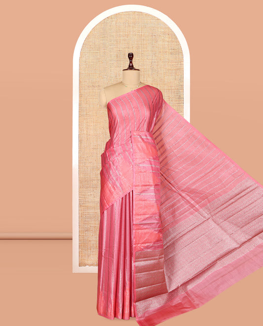 Borderless Pink Tusser Silk Saree, Embellished with Zari Stripes and Temple Design, a Grand Jaal Pallu, and a Matching Blouse