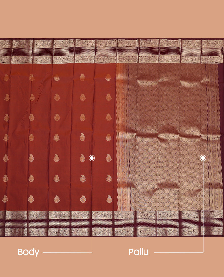 Brown Budget Silk Saree, Beautified with Jhumka Buttas All Over Its Body, Complemented by Contrast Traditional Zari Designs Woven Border, Grand Jaal Pallu and Paired with a Contrast Blouse