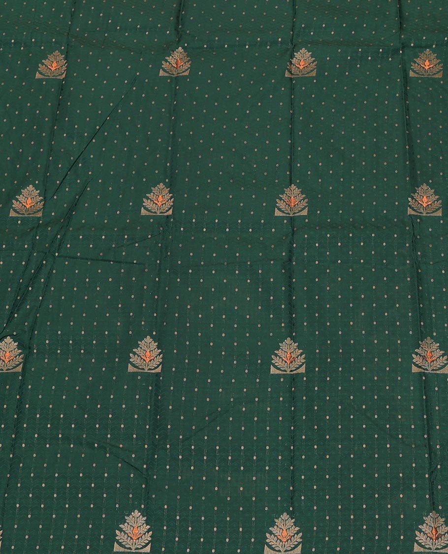 Green Art Silk Pavadai Material Set, Delicately Woven with Zari Buttas on Its Skirt, Complemented by a Contrast Traditional Zari Design Border, and Paired with a Contrast Blouse