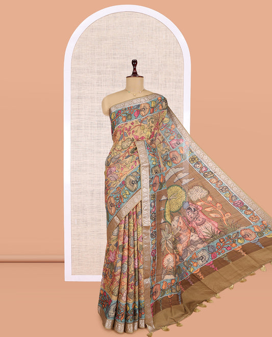 Sandal Kalamkari Printed Fancy Tussar Saree