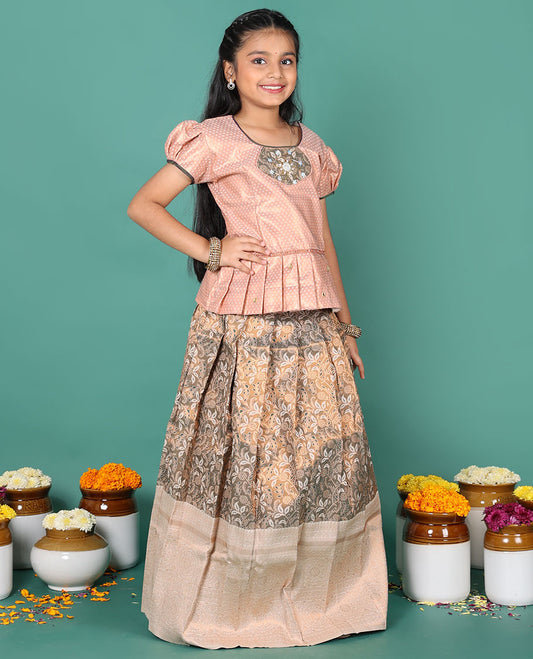 Beige readymade art silk pavadai, floral jacquard & contrast traditional zari border skirt, & jacquard round neck puff-sleeve blouse