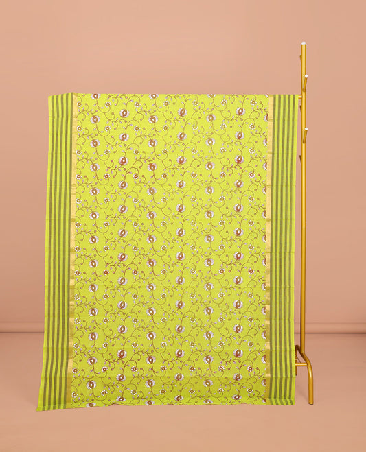 Green Chirala Cotton Saree, Accentuated with Floral Vine Print, Striped Border, Printed Pallu, and a Matching Blouse