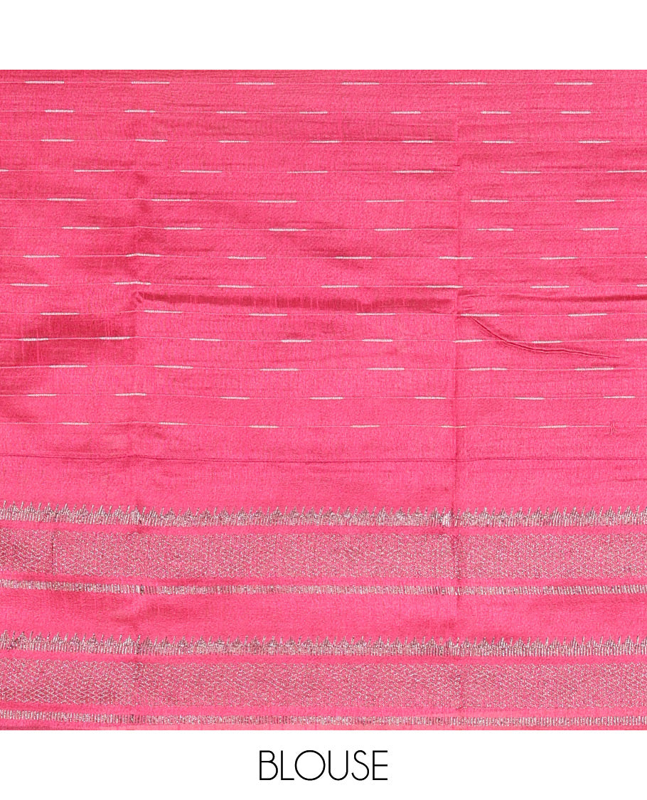 Navy Blue-Pink Semi-Raw Silk Saree, Subtly Sparkled with Thread Stripes, a Contrast Traditional Zari Border, Checked Pallu, and a Contrast Blouse