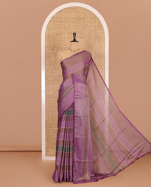 Purple horizontal striped fendy chiffon saree, piping border, striped palu, and blouse of sequins and zari buttas