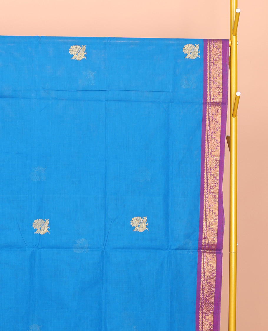 Blue Venkatagiri Cotton Saree, Adorned with Peacock Buttas, a Contrast Traditional Zari Border, Pallu of Stripes and Buttas, and No Blouse
