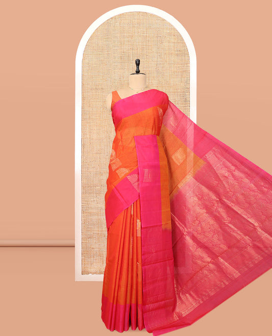 Orange Silk Cotton Saree, Prettified with Zari Buttas, Contrast Border, Intricate Pallu, and a Contrast Blouse