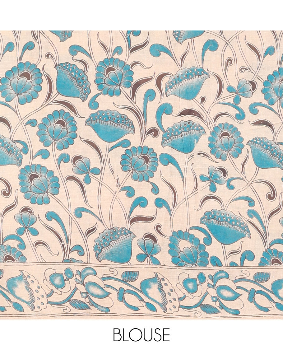 Black Kalamkari Cotton Saree, Impeccably Styled with Floral Vine Print, Contrast Floral Printed Border, Pallu of Peacock Motifs, and a Matching Blouse