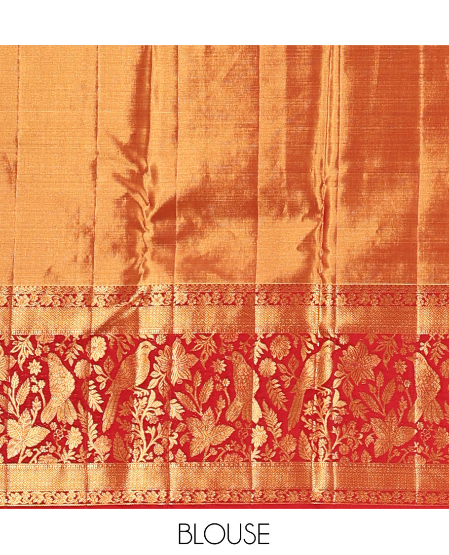 Peach Floral Jacquard Kanchipuram Tissue Silk Saree, Complemented by a Contrast Floral-Bird Meenakari Border, Grand Pallu, and Contrast Blouse