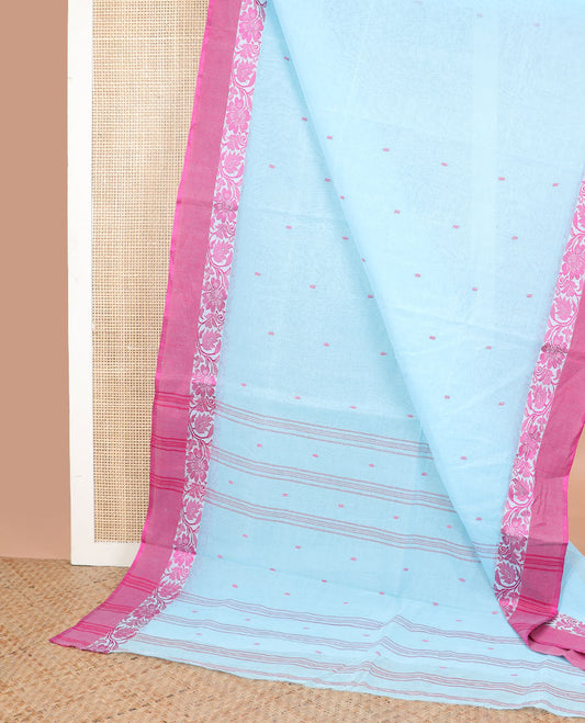 Light blue floral motifs bengal cotton saree with contrast floral design border & striped, motifs pallu