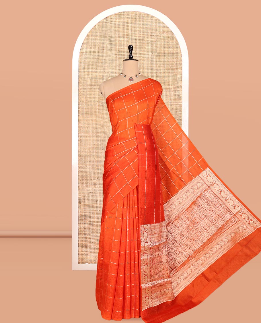 Borderless Orange Chanderi Cotton Saree, Grand Intricately Designed Pallu, and a Matching Blouse