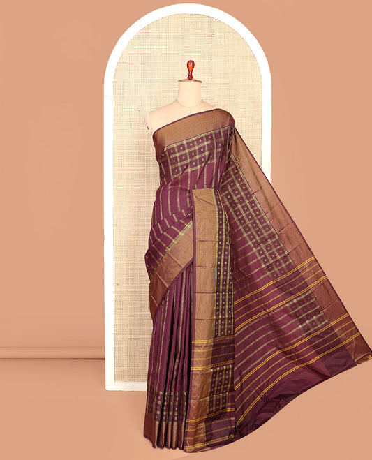 Maroon Aarani Silk Saree, Embellished with Butta Enclosed Checks on Its Body, Highlighted by Zari Border, Pallu of Butta Enclosed Checks, and Paired with a Matching Blouse