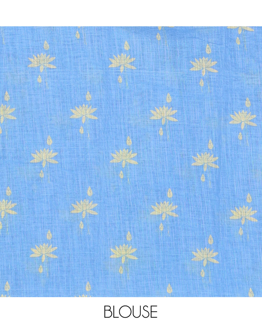 Borderless Blue Linen Cotton Saree Features Lotus Print, a Self-Pallu, and a Matching Blouse