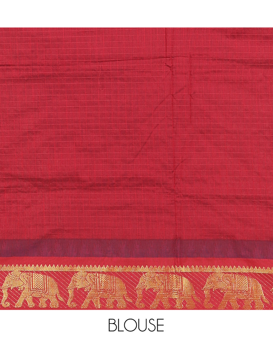 Mustard Checked Kalyani Cotton Saree, a Contrast Temple Elephant Motif Border, Grand Jaal Pallu, and a Contrast Blouse