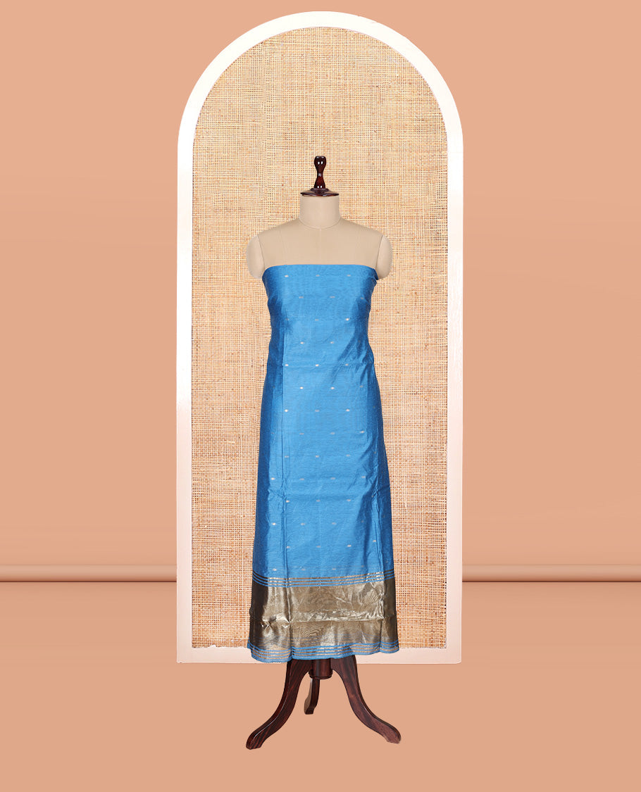 Blue Banarasi Chanderi Material Churidar Subtly Sparkled with Buttas Top, a Plain Bottom, and a Matching Dupatta