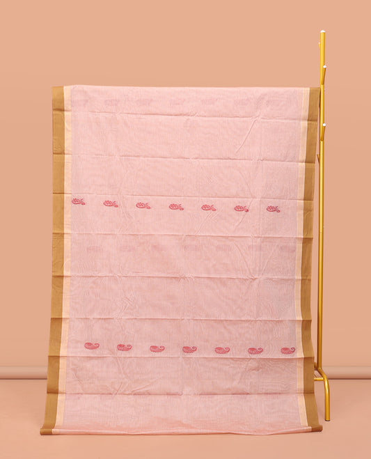 Sandal Kanchi Cotton Saree, Woven with Buttas on Its Body, Complemented by Contrast Border, Pallu of Paisleys, and a Matching Blouse