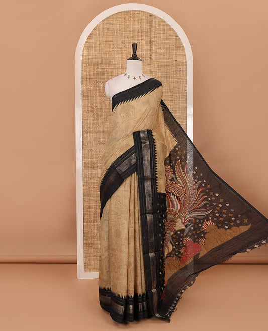 Chikku kalamkari-style flora-fauna printed mercerised cotton saree, contrast temple zari border, kalamkari peacock printed pallu & contrast printed blouse