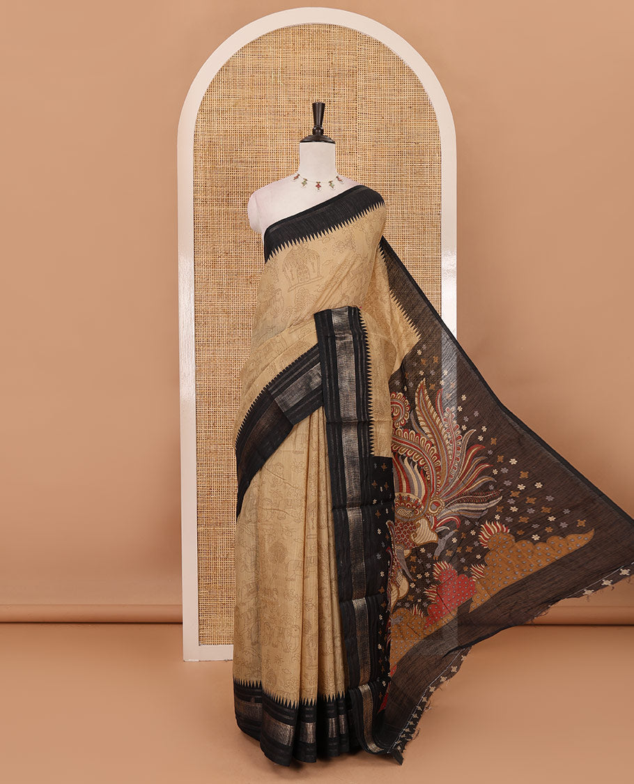 Chikku kalamkari-style flora-fauna printed mercerised cotton saree, contrast temple zari border, kalamkari peacock printed pallu & contrast printed blouse