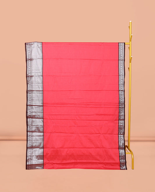 Pink Plain Narayanpet Cotton Saree, Complemented by a Contrast Traditional Design Border, Striped Pallu, and Comes Without a Blouse