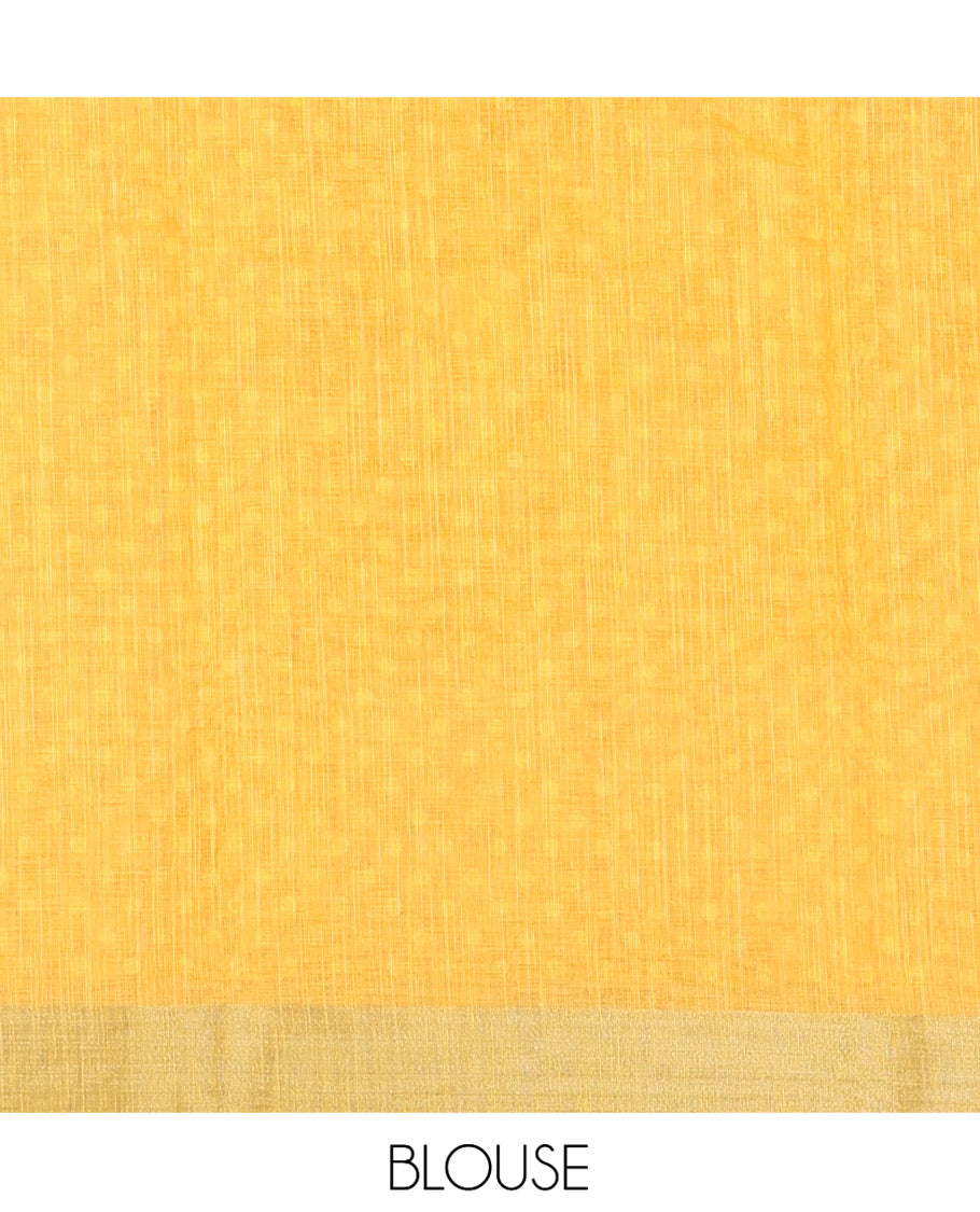 White-Yellow Linen Cotton Saree, Prettified with Sunflower Print, a Contrast Border, and a Contrast Blouse