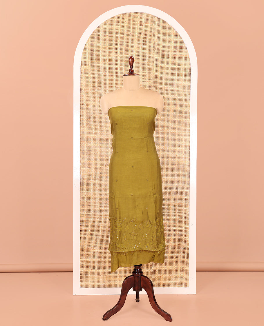 Mehendi Green Mul Chanderi Material Chudidar Set, Floral Embroidered Top, Plain Bottom, and Scallop Embroidered Dupatta